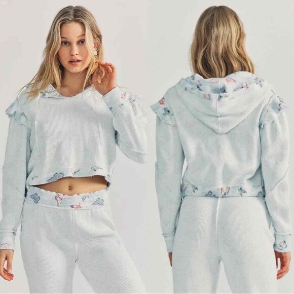 Love Shack Fancy Ciel Cropped Hoodie Aqua Reflections Butterfly Size Small NWT - Picture 2 of 15